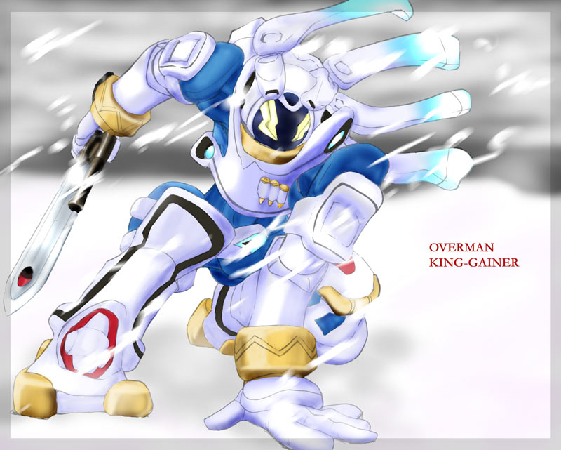 tokihama jirou, king gainer, overman king gainer, 00s, holding, holding sword, holding weapon, humanoid robot, mecha, mecha focus, no humans, on one knee, robot, snow, snowing, solo, sword, weapon, winter