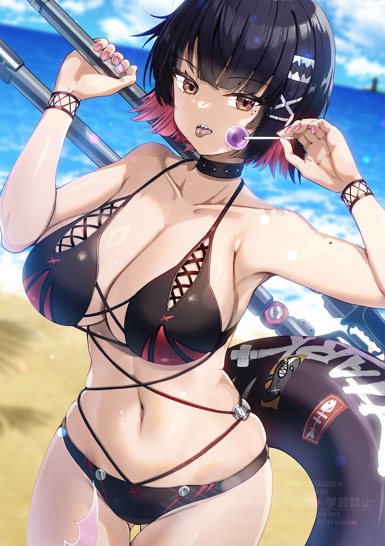 akahito, ellen joe, zenless zone zero, commentary request, highres, 1girl, alternate costume, bikini, black bikini, black choker, blue sky, blurry, blurry background, breasts, candy, choker, cloud, collarbone, day, fins, fish tail, food, holding, holding candy, holding food, holding lollipop, large breasts, lollipop, looking at viewer, navel, ocean, shark girl, shark tail, short hair, sky, solo, swimsuit, tail, tongue, tongue out