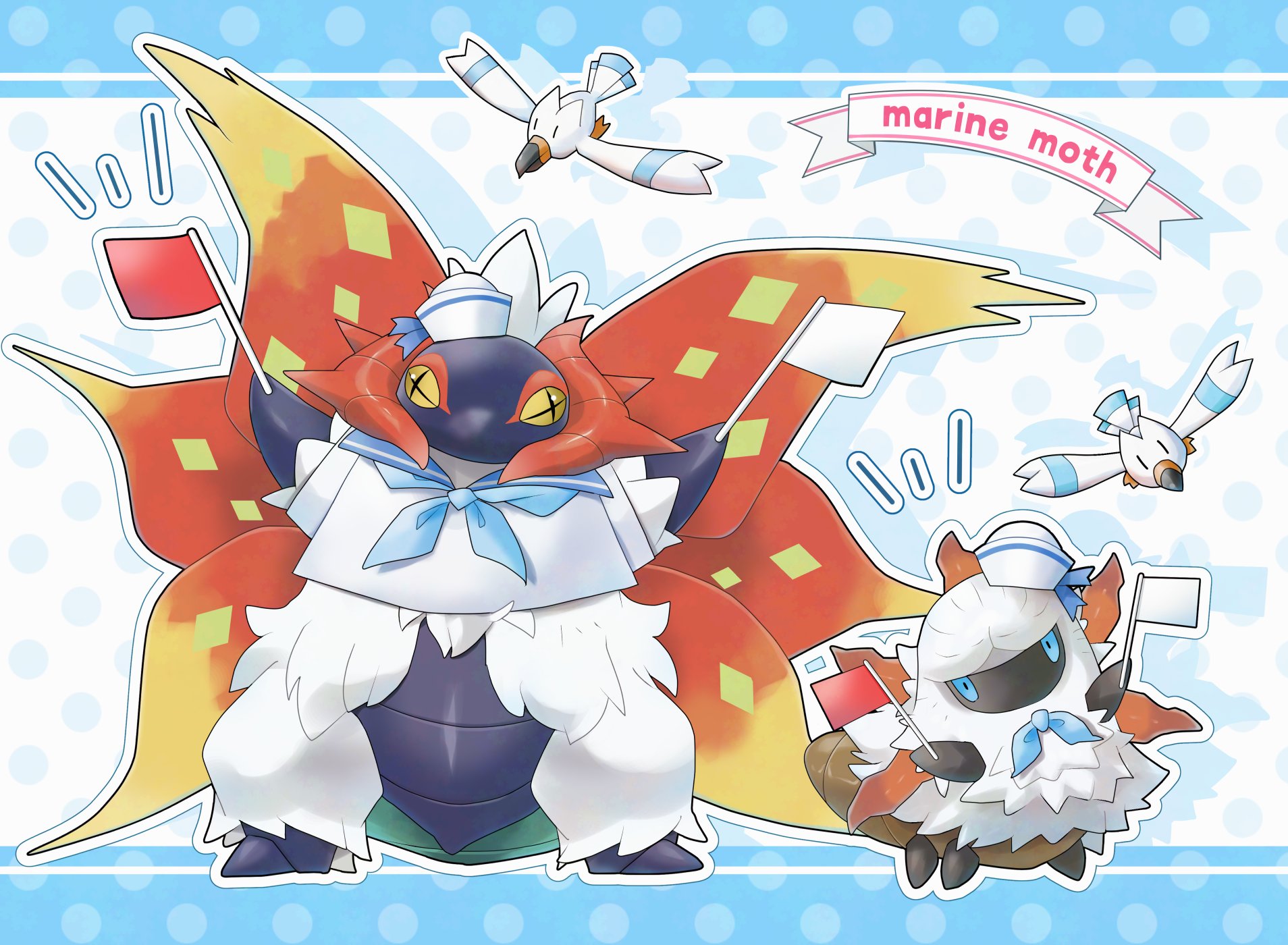 mofu (pk3566), larvesta, slither wing, wingull, nintendo, pokemon, highres, animal focus, beak, bird, blue eyes, blue neckerchief, blue sailor collar, bug, clothed pokemon, cross-shaped pupils, flag, full body, gen 3 pokemon, gen 5 pokemon, hat, holding, holding flag, horns, insect, moth, multiple wings, neckerchief, no humans, pokemon (creature), pokemon focus, sailor collar, sailor hat, sailor shirt, shirt, symbol-shaped pupils, white fur, white shirt, wings, yellow eyes