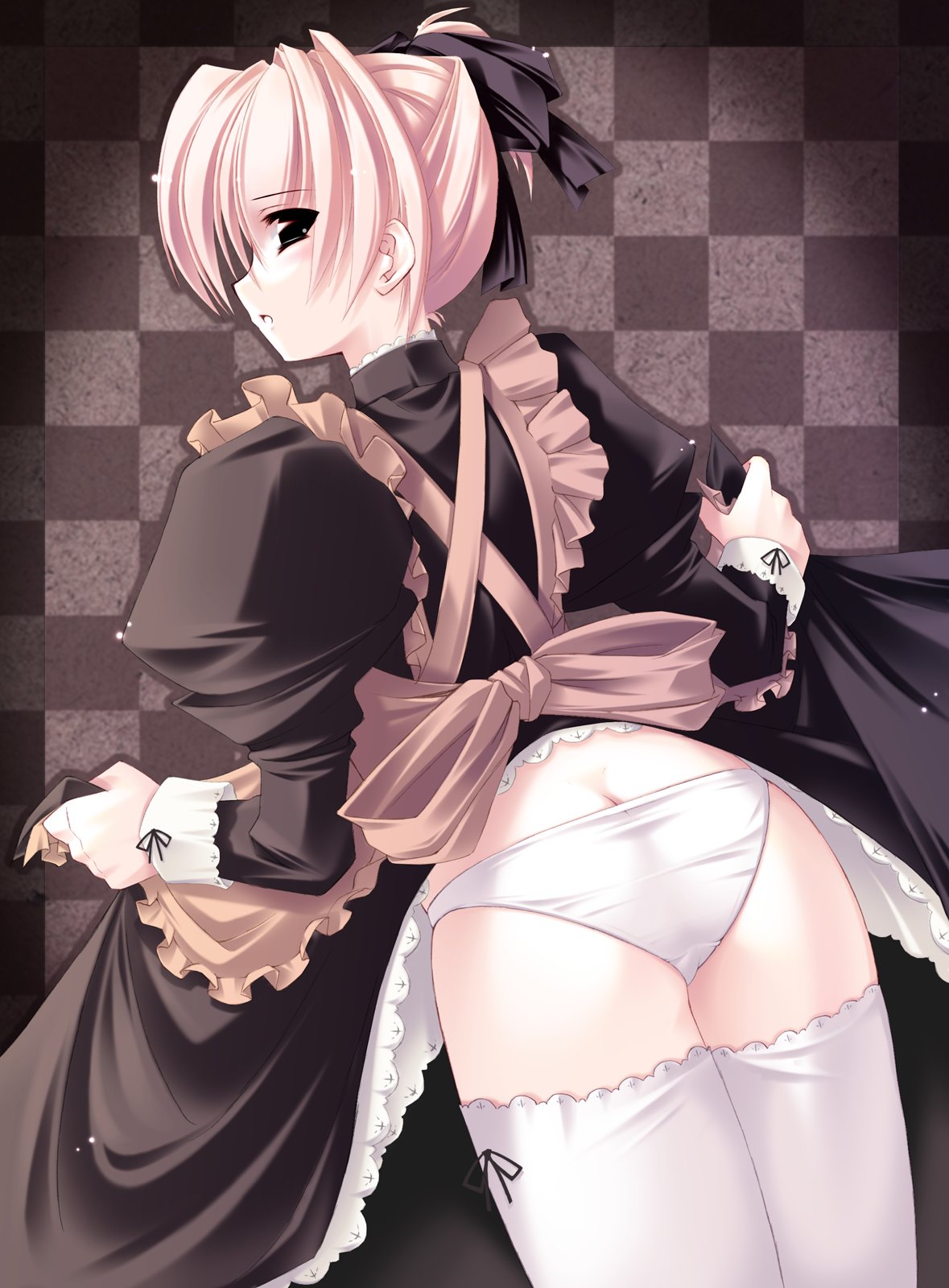 jian, highres, blonde hair, checkered background, clothes lift, cowboy shot, dress, dress lift, looking back, maid, panties, skirt, skirt lift, solo, standing, thighhighs, underwear, white panties, white thighhighs