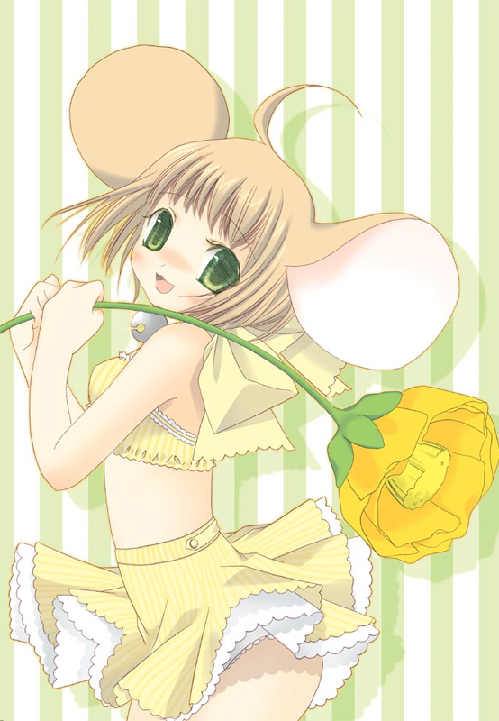 original, 1girl, ahoge, animal ears, bow, brown hair, female focus, flower, green eyes, large bow, looking at viewer, midriff, mouse ears, short hair, skirt, smile, solo, striped background