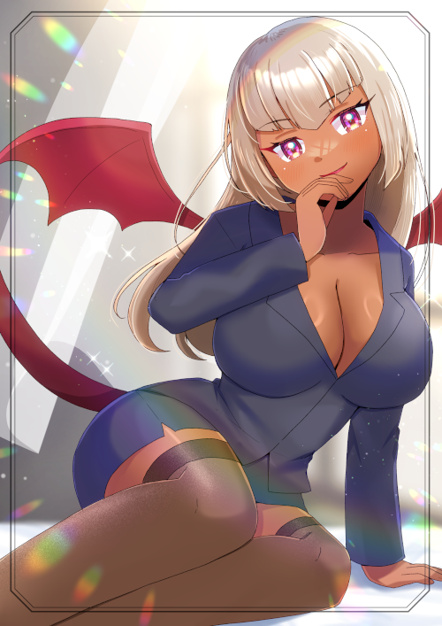 kou hiyoyo, original, commentary request, commission, skeb commission, 1girl, breasts, cleavage, dark-skinned female, dark skin, demon tail, demon wings, jacket, large breasts, long hair, red wings, skirt, solo, tail, thighhighs, wings