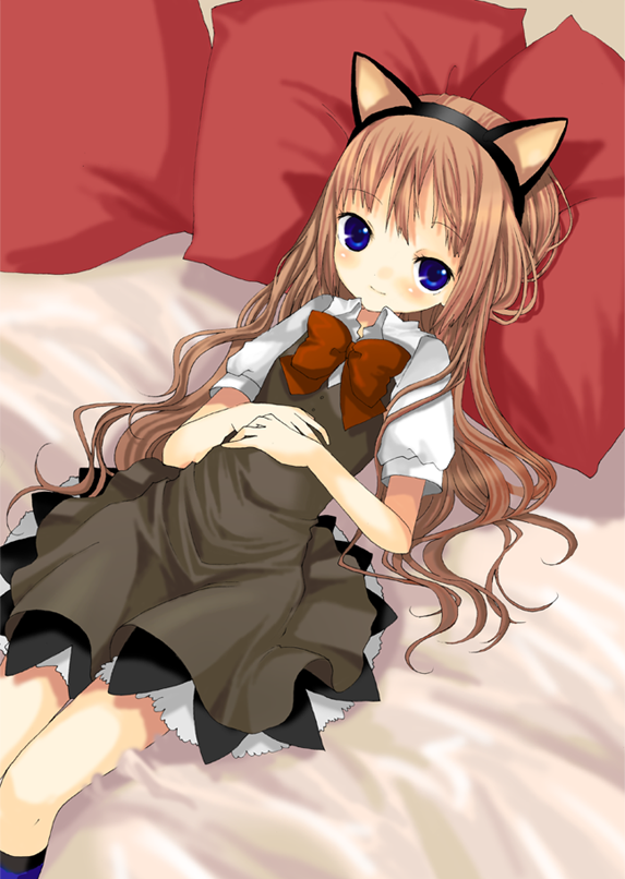 namori, original, eyebrows, 1girl, animal ears, bed, blonde hair, blue eyes, blush, bow, bowtie, brown hair, cat ears, child, fake animal ears, female focus, hairband, long hair, looking at viewer, lying, on back, pillow, purple eyes, school uniform, smile, socks, solo