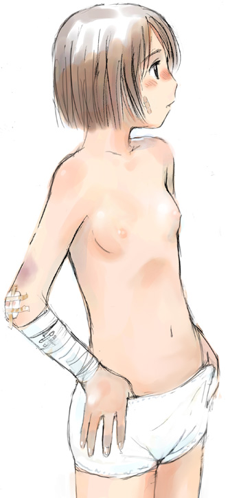 imo cyber, original, 1girl, bandages, bandaid, black eyes, boyshort panties, breasts, brown hair, bruise, female focus, flat chest, injury, lingerie, loli, navel, nipples, panties, short hair, small breasts, solo, topless female, underwear, underwear only