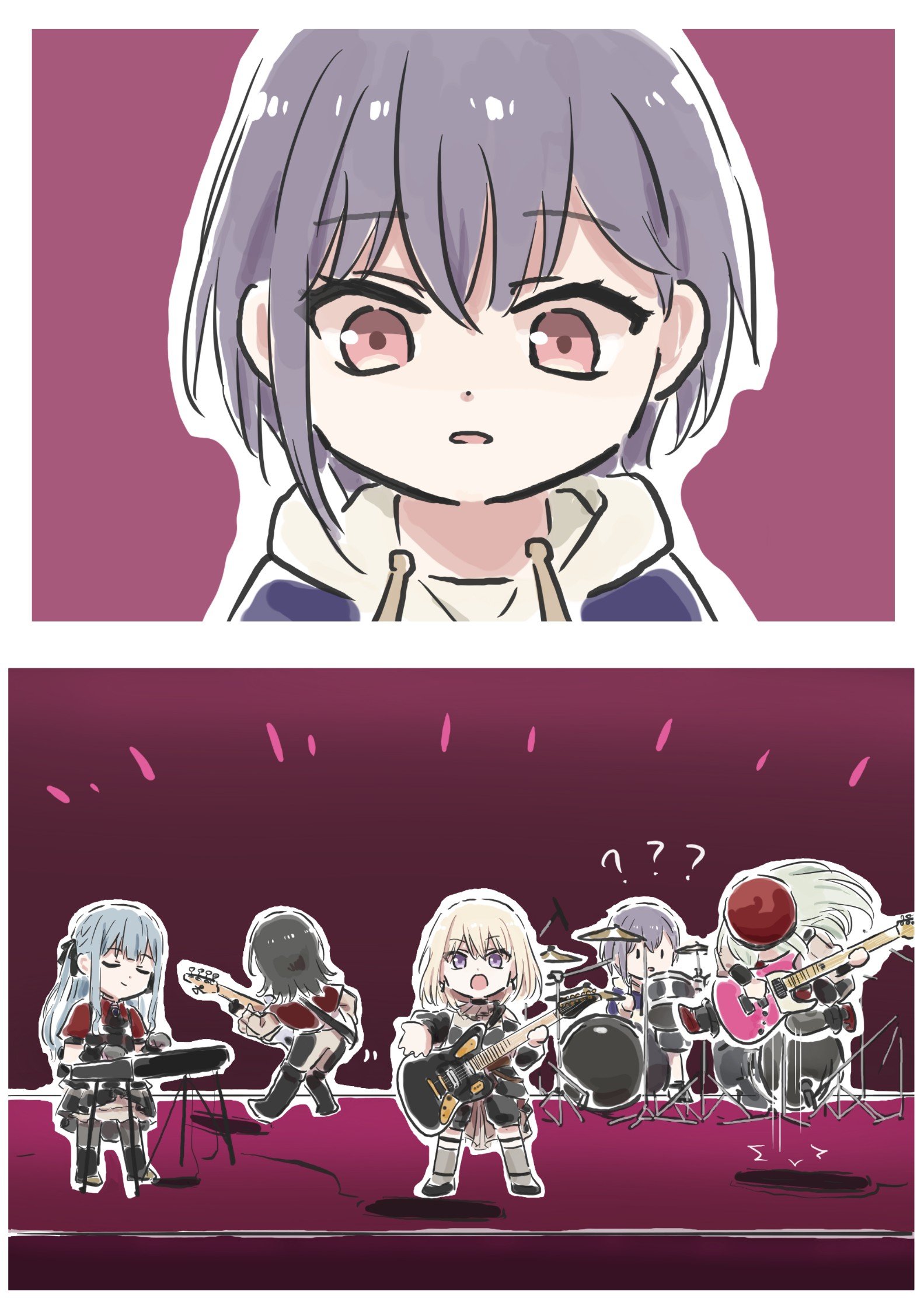 lyy, doloris (bang dream!), misumi uika, mortis (bang dream!), mortis (costume) (bang dream!), oblivionis (bang dream!), takamatsu tomori, timoris (bang dream!), togawa sakiko, wakaba mutsumi, yahata umiri, ave mujica (bang dream!), bang dream!, bang dream! it's mygo!!!!!, commentary, highres, symbol-only commentary, 5-string bass guitar, 5girls, 7-string guitar, bass guitar, beret, black skirt, blonde hair, blue hair, drum, drum set, electric guitar, extended range bass guitar, extended range guitar, green hair, grey socks, guitar, hair between eyes, hat, instrument, jumping, keyboard (instrument), multiple girls, open mouth, purple eyes, red hat, red shirt, shirt, sidelocks, skirt, socks