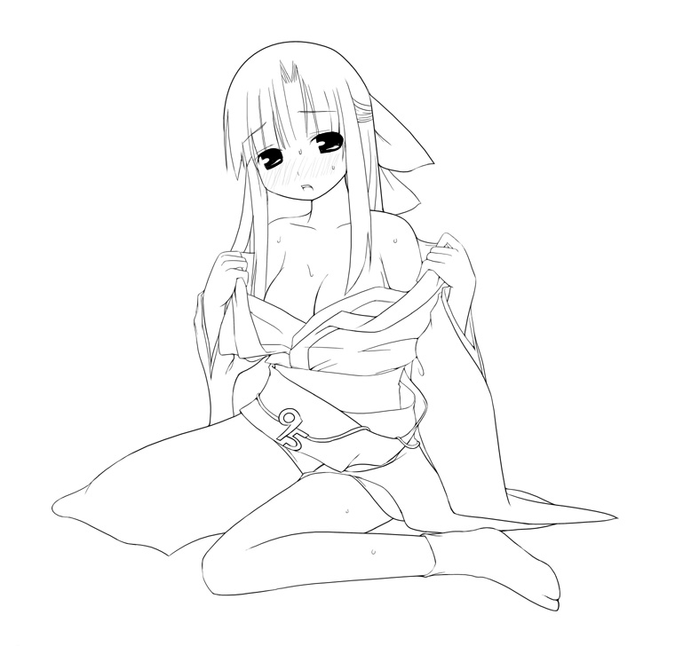 kashiwamochi yomogi, 95-tan, os-tan, 1girl, bare shoulders, blush, breasts, cleavage, female focus, greyscale, half updo, hot, japanese clothes, kimono, monochrome, obi, off shoulder, sash, sitting, solo, sweat, tabi, wariza