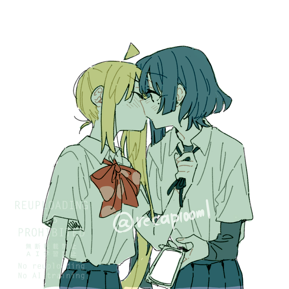 recap100ml, ijichi nijika, yamada ryo, bocchi the rock!, 2girls, ahoge, blonde hair, blue hair, blush, bow, bowtie, cellphone, ear piercing, grabbing another's shirt, grey skirt, kiss, mole, mole under eye, multiple girls, phone, piercing, polka dot, polka dot bow, polka dot bowtie, red bow, red bowtie, school uniform, shimokitazawa high school uniform, shirt, shirt under shirt, short hair, side ponytail, simple background, skirt, smartphone, surprise kiss, surprised, twitter username, white background, white shirt, yellow eyes, yuri