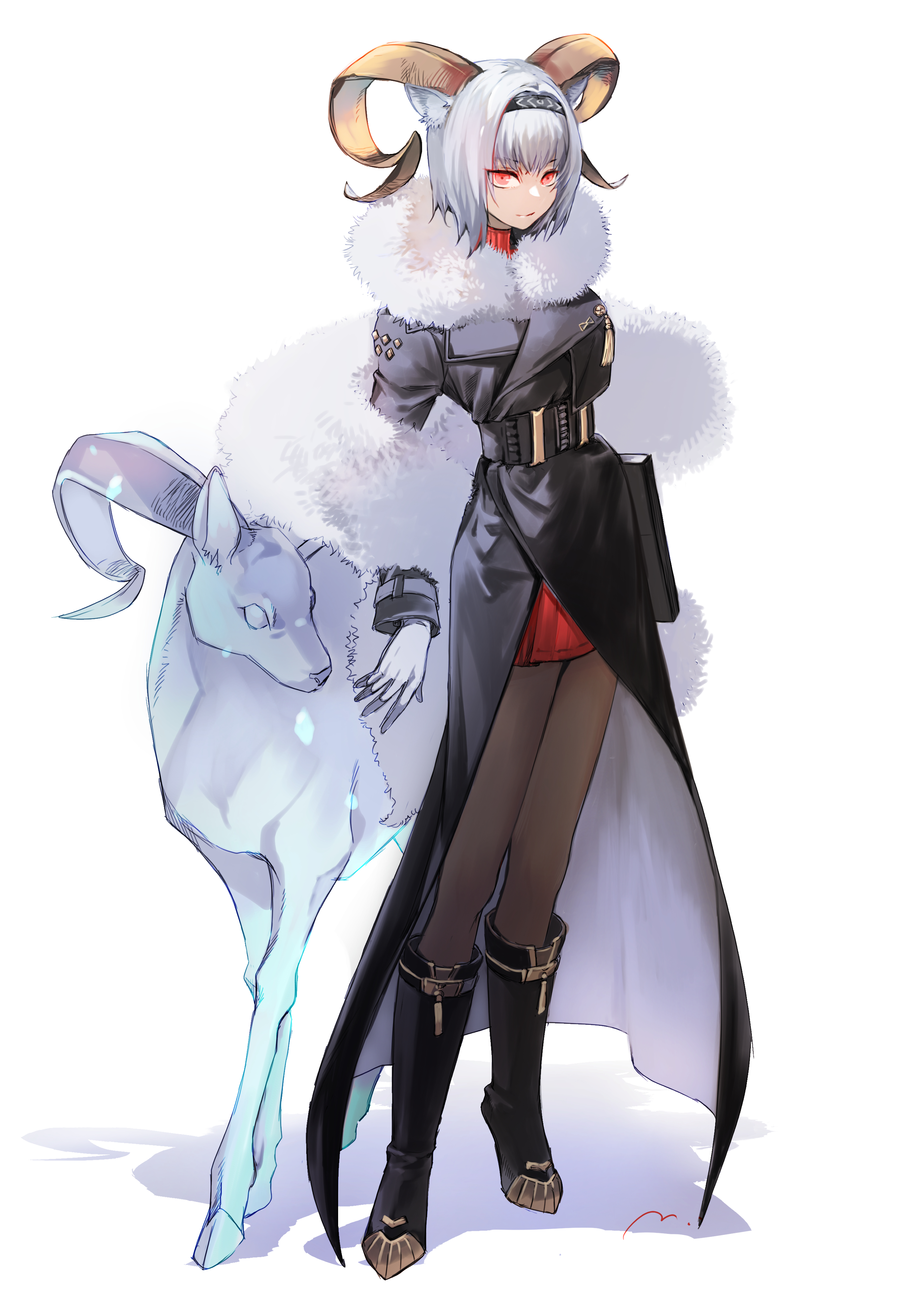maki-no, carnelian (arknights), carnelian (hohenlohe chillysand) (arknights), arknights, absurdres, commentary request, highres, 1girl, animal ears, black coat, black hairband, black pantyhose, black shoes, closed mouth, coat, dark-skinned female, dark skin, dress, full body, fur shawl, gloves, goat, goat ears, goat girl, goat horns, grey gloves, grey hair, hairband, horns, light smile, long sleeves, looking at viewer, official alternate costume, pantyhose, red dress, red eyes, shadow, shawl, shoes, short hair, simple background, skirt, solo, white background