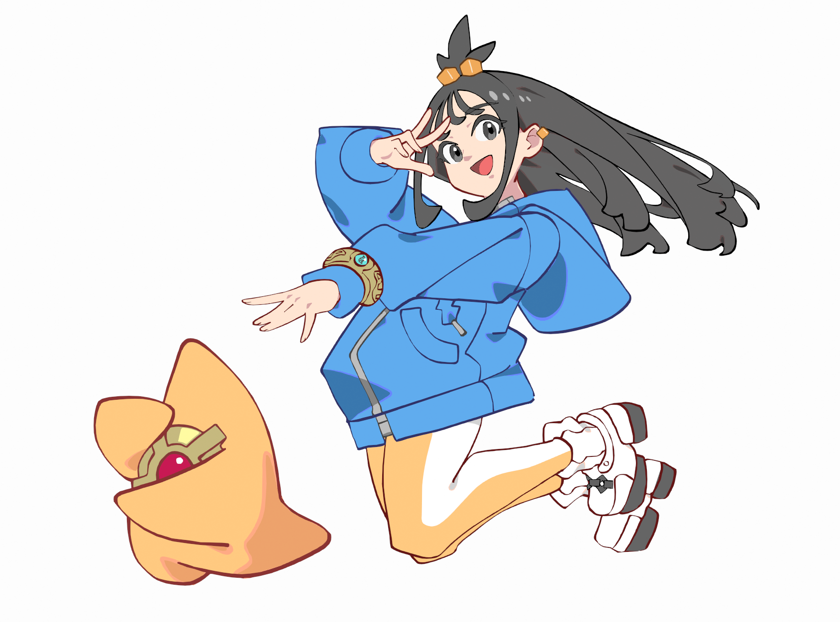 cchhii3, lida (pokemon), staryu, nintendo, pokemon, pokemon legends: z-a, commentary request, highres, 1girl, :d, black hair, blue hoodie, bracelet, cube hair ornament, earclip, floating hair, gen 1 pokemon, grey eyes, hair ornament, hand up, happy, hood, hood down, hoodie, jewelry, leggings, long hair, long sleeves, open mouth, pokemon (creature), ribbed socks, shoes, simple background, smile, socks, tongue, topknot, w, white background, white shoes, white socks