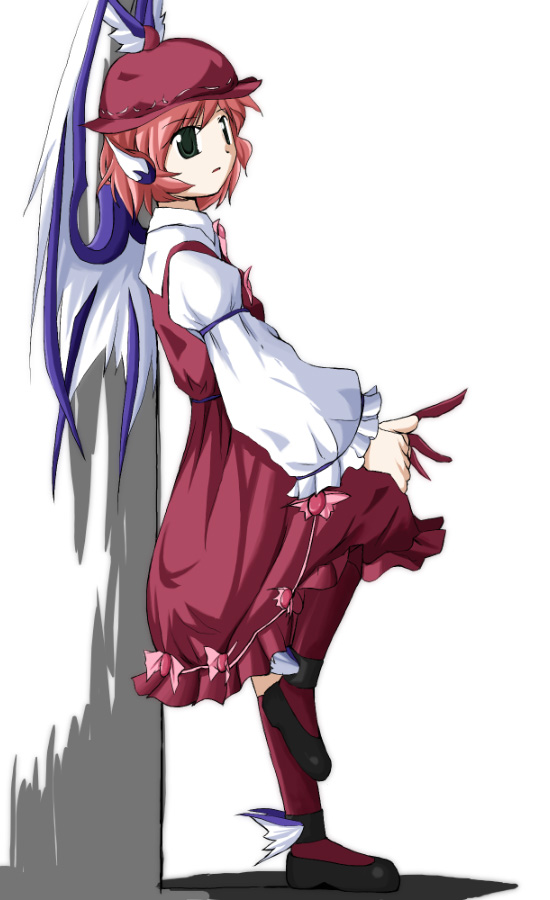 nodoka (artist), mystia lorelei, touhou, 1girl, :o, against wall, animal ears, armband, belt, blouse, dress, female focus, flat chest, frills, full body, green eyes, hat, hugging own legs, kneehighs, leg up, open mouth, pink hair, pink socks, shadow, shirt, shoes, short hair, socks, solo, standing, standing on one leg, wide sleeves, wings