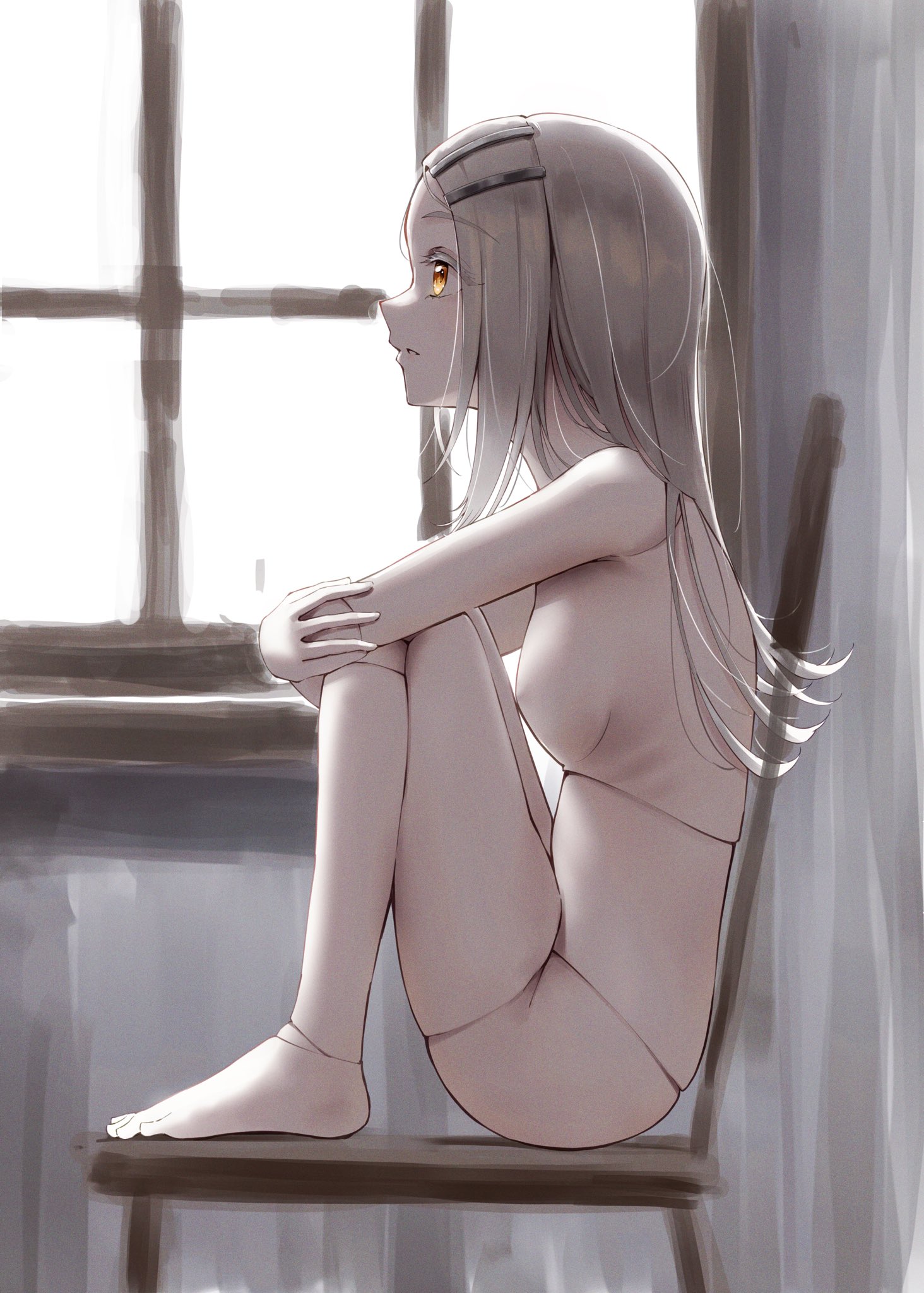 enu illustip, shinosawa hiro, gakuen idolmaster, idolmaster, highres, 1girl, blonde hair, breasts, chair, colored eyelashes, completely nude, doll joints, flipped hair, hugging own legs, indoors, joints, knees up, long hair, looking ahead, nude, on chair, orange eyes, profile, ribs, sitting, small breasts, solo