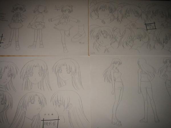 hinagiku lulu, momoi ai, futakoi, traditional media, 00s, 2girls, monochrome, multiple girls, multiple views, reference sheet, sketch, turnaround