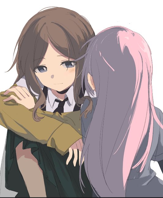 chihaya anon, nagasaki soyo, bang dream!, bang dream! it's mygo!!!!!, artist request, commission, second-party source, 2girls, blue eyes, blush, brown hair, closed mouth, grey shirt, hug, long hair, long sleeves, mitsuketa keshiki tazusaete, multiple girls, pink hair, shirt, sidelocks, sweater, yellow sweater