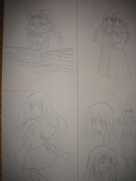 shirogane sara, shirogane souju, futakoi, traditional media, 00s, 2girls, monochrome, multiple girls, reference sheet, siblings, sisters, sketch, twins