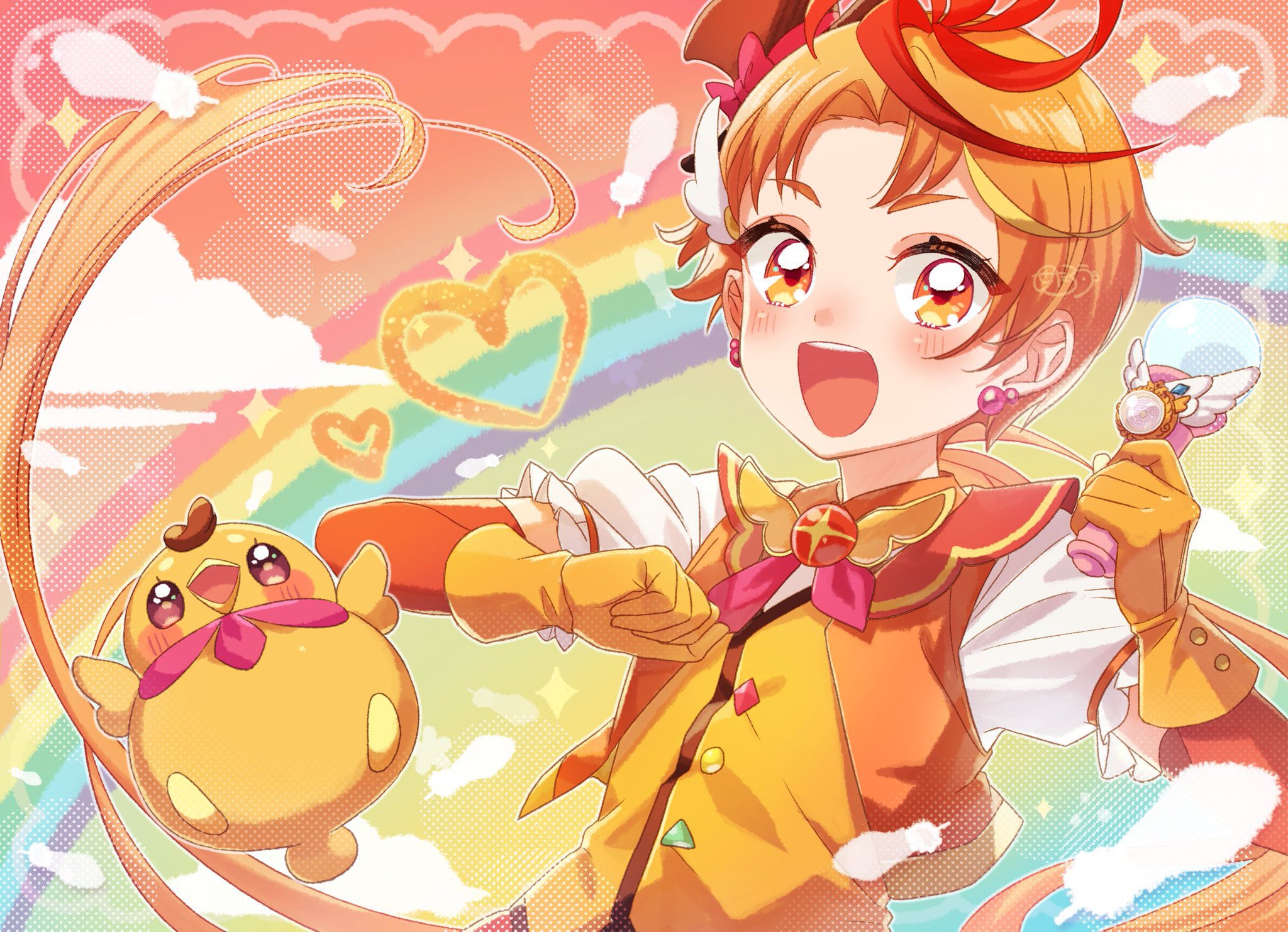 senotarou, cure wing, yuunagi tsubasa, hirogaru sky! precure, precure, commentary request, highres, 1boy, :d, blush, elbow gloves, gloves, hair ornament, heart, looking at viewer, magical boy, male focus, open mouth, orange eyes, orange gloves, orange hair, orange shirt, parted bangs, rainbow, shirt, short hair, short sleeves, smile, solo, upper body, wing hair ornament