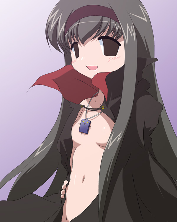 buchou, mahoraba, 00s, 1girl, black hair, borrowed character, breasts, cape, empty eyes, female focus, fictional persona, jewelry, long hair, necklace, open clothes, open mouth, open shirt, shirt, simple background, small breasts, solo