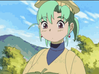 hatsuseno alpha, yokohama kaidashi kikou, animated, animated gif, anime screenshot, lowres, 1girl, :t, biting, cloud, day, eating, female focus, food, fruit, green hair, mountain, outdoors, persimmon, qvga, sky, solo, tree