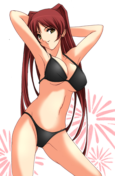 shiikeru, kousaka tamaki, to heart (series), to heart 2, 00s, 1girl, bikini, black bikini, breasts, brown eyes, cleavage, female focus, large breasts, long hair, red hair, solo, string bikini, swimsuit