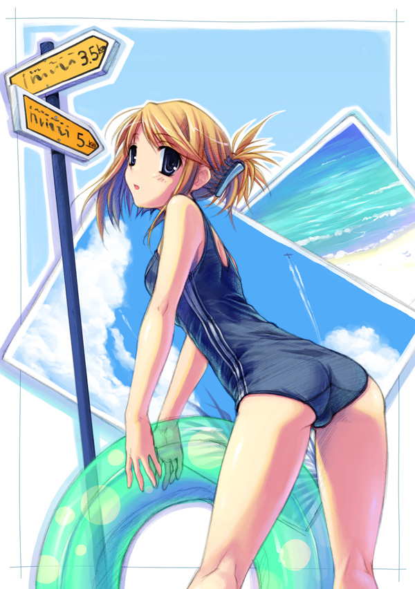 hiiro yuki, komaki manaka, to heart (series), to heart 2, 00s, 1girl, aircraft, airplane, ass, beach, black eyes, blonde hair, blue one-piece swimsuit, blush, breasts, cloud, contrail, female focus, folded ponytail, from behind, innertube, leaning forward, looking at viewer, looking back, ocean, one-piece swimsuit, open mouth, sand, school swimsuit, sign, sky, small breasts, solo, standing, swim ring, swimsuit, water