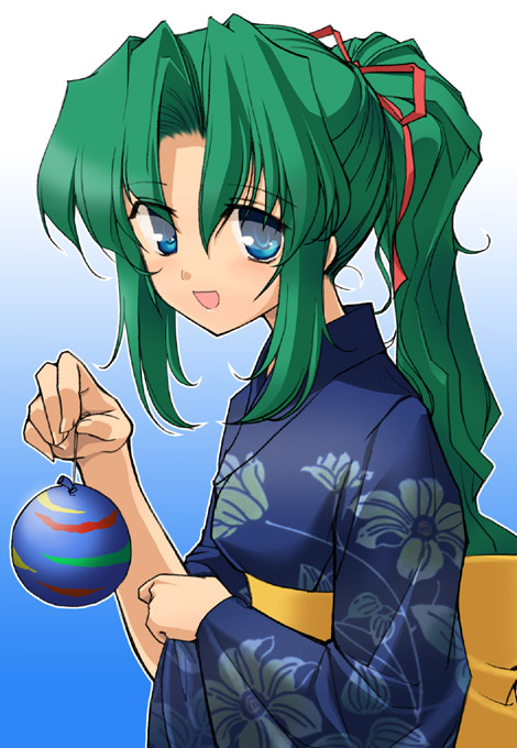 shimamura miwa, sonozaki mion, higurashi no naku koro ni, 00s, 1girl, :d, blue eyes, blue kimono, female focus, floral print, gradient background, green hair, hair ribbon, japanese clothes, kimono, long hair, looking at viewer, obi, open mouth, outline, parted bangs, ponytail, ribbon, sash, sidelocks, simple background, smile, solo, yukata