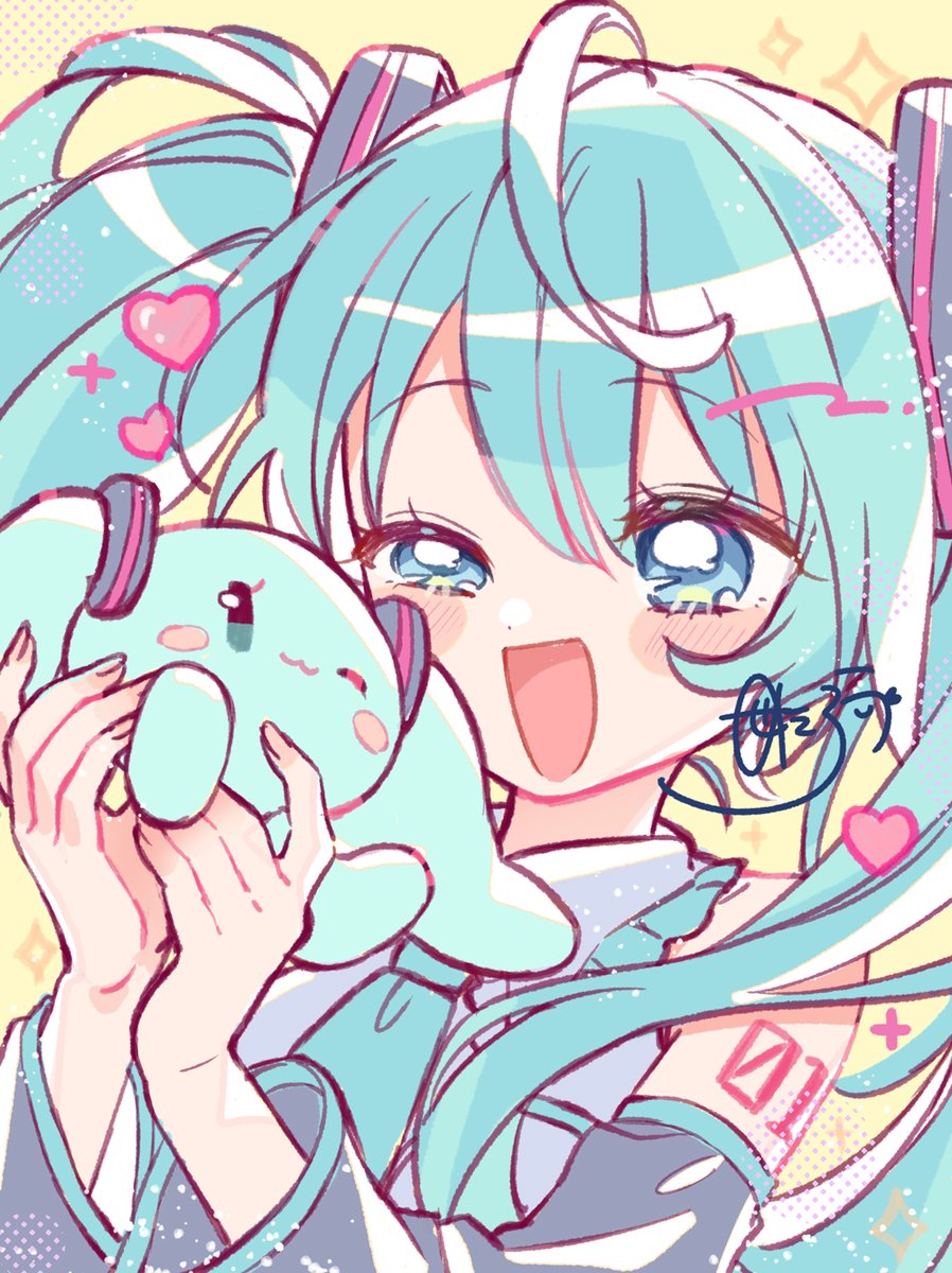 senotarou, hatsune miku, vocaloid, commentary, highres, 1girl, ;d, ahoge, bare shoulders, black sleeves, blue eyes, blue hair, blue necktie, blush stickers, collared shirt, detached sleeves, frilled shirt collar, frills, grey shirt, long hair, long sleeves, looking at viewer, necktie, number tattoo, one eye closed, open mouth, portrait, shirt, shoulder tattoo, signature, sleeveless, sleeveless shirt, smile, solo, tattoo, twintails, yellow background