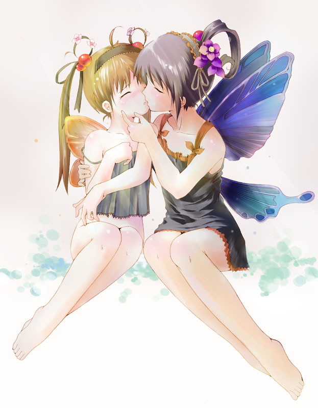 yurikuta tsukumi, original, 2girls, arm around shoulder, bare shoulders, barefoot, black dress, blush, bottomless, butterfly wings, camisole, dress, fairy, feet, female focus, flower, full body, hair flower, hair ornament, hairband, hand on another's face, imminent kiss, insect wings, kiss, multiple girls, plantar flexion, strap slip, wings, yuri