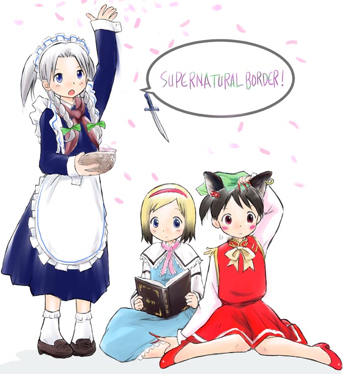 kashmir, alice margatroid, chen, itou chika, izayoi sakuya, matsuoka miu, sakuragi matsuri, ichigo mashimaro, touhou, white legwear, 3girls, aged down, alice margatroid (cosplay), animal ears, apron, black hair, blonde hair, blue dress, blue eyes, bobby socks, book, bow, bowtie, braid, cat ears, chen (cosplay), cherry blossoms, cosplay, crossover, dress, english text, grey hair, hair ribbon, hairband, hat, high heels, indian style, izayoi sakuya (cosplay), knife, legs, loafers, maid, maid apron, maid headdress, multiple girls, no socks, open book, parody, parted bangs, pumps, reading, ribbon, shoes, simple background, sitting, skirt, skirt set, socks, throwing knife, tress ribbon, twin braids, waist apron, wariza, weapon, white background