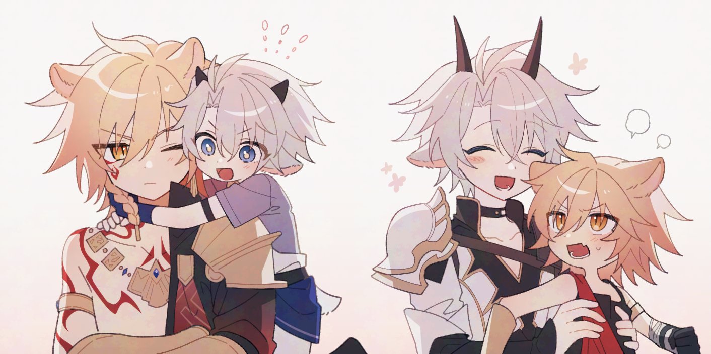 mydei (a trail of bygone blood) (honkai: star rail), mydei (honkai: star rail), phainon (a dream scented in wheat) (honkai: star rail), phainon (honkai: star rail), honkai: star rail, honkai (series), hashtag-only commentary, 2boys, animal ears, antenna hair, arm tattoo, armor, bare pectorals, black choker, black coat, black shirt, blonde hair, blue eyes, braid, carrying, chest tattoo, child carry, choker, coat, facial tattoo, flustered, gocheogja37862, gradient hair, hair between eyes, horns, lion boy, lion ears, male focus, medium hair, multicolored hair, multiple boys, official alternate costume, one eye closed, open clothes, open coat, parted bangs, pauldrons, pectorals, red hair, red tattoo, sheep boy, sheep ears, sheep horns, shirt, short hair, shoulder armor, side braid, simple background, single pauldron, tattoo, white background, white coat, white hair, yellow eyes