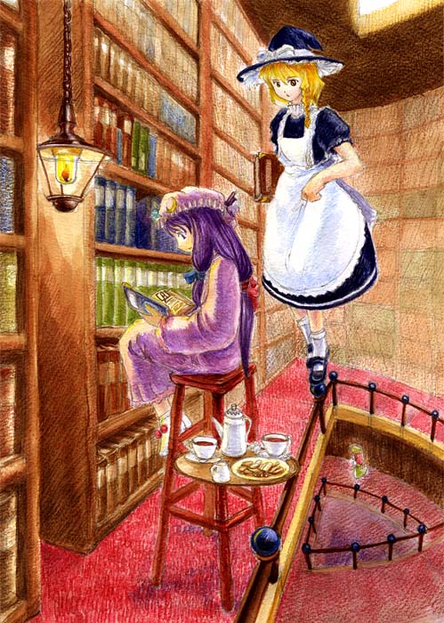 hong meiling, kirisame marisa, patchouli knowledge, embodiment of scarlet devil, touhou, bad perspective, 3girls, apron, blonde hair, book, bookshelf, bow, braid, china dress, chinese clothes, cookie, crescent, cup, dress, female focus, floating, food, hair bow, hair ribbon, hat, hat bow, indoors, library, long sleeves, mary janes, multiple girls, night clothes, open book, purple hair, reading, red hair, ribbon, saucer, shoes, short sleeves, sidelocks, sitting, socks, tea set, teacup, teapot, tress ribbon, voile, witch, witch hat