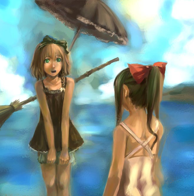hakurei reimu, kirisame marisa, touhou, 2girls, bamboo broom, blonde hair, broom, casual one-piece swimsuit, clothes pull, day, faux traditional media, female focus, multiple girls, ocean, one-piece swimsuit, one-piece swimsuit pull, outdoors, sky, speed painting, swimsuit, umbrella, water