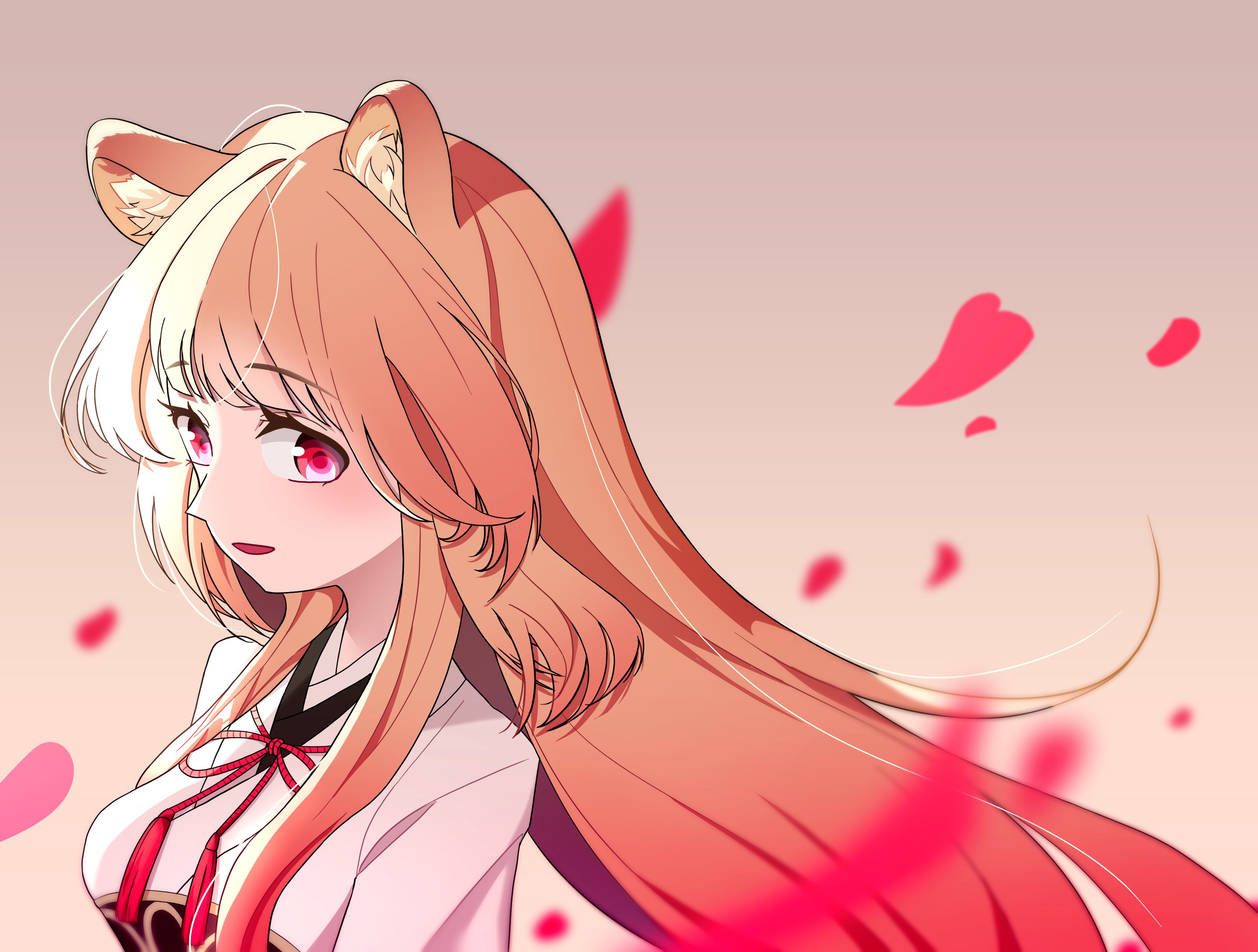 raphtalia, tate no yuusha no nariagari, absurdres, commentary, highres, 1girl, :d, animal ear fluff, animal ears, bangul gtt, blunt bangs, breasts, brown hair, eyelashes, falling petals, floating hair, gradient background, long hair, looking at viewer, medium breasts, neck ribbon, nose, open mouth, petals, pink background, pink eyes, portrait, raccoon ears, raccoon girl, red ribbon, ribbon, smile, solo, straight hair, white kosode