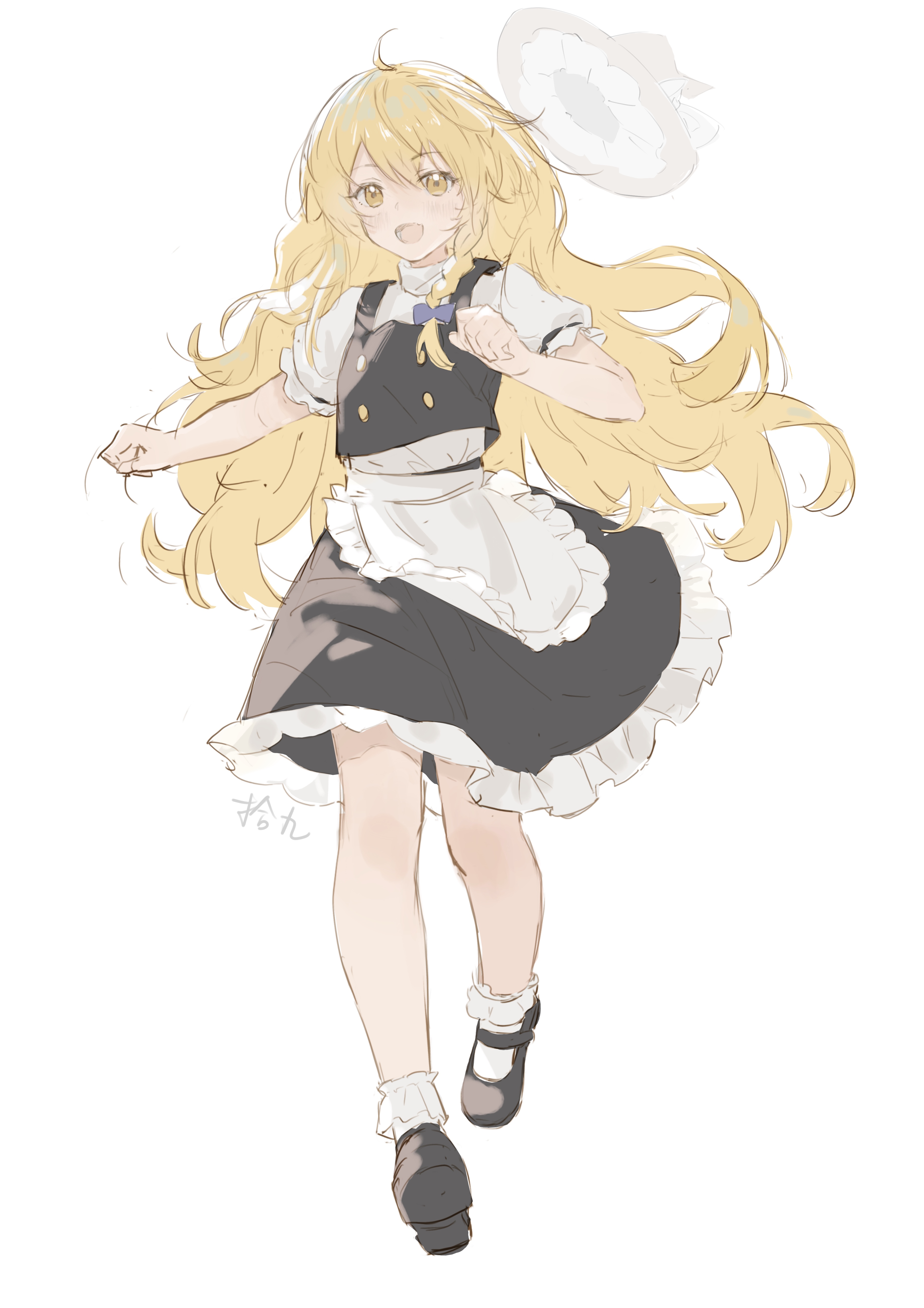 shijiu (shizuoxing), kirisame marisa, touhou, absurdres, highres, 1girl, :d, ahoge, apron, black shoes, black skirt, black vest, blonde hair, bow, full body, hair bow, hat, long hair, looking at viewer, mary janes, open mouth, puffy short sleeves, puffy sleeves, purple bow, shirt, shoes, short sleeves, signature, simple background, skirt, smile, socks, solo, unworn hat, unworn headwear, very long hair, vest, waist apron, white apron, white background, white shirt, white socks, witch hat, yellow eyes