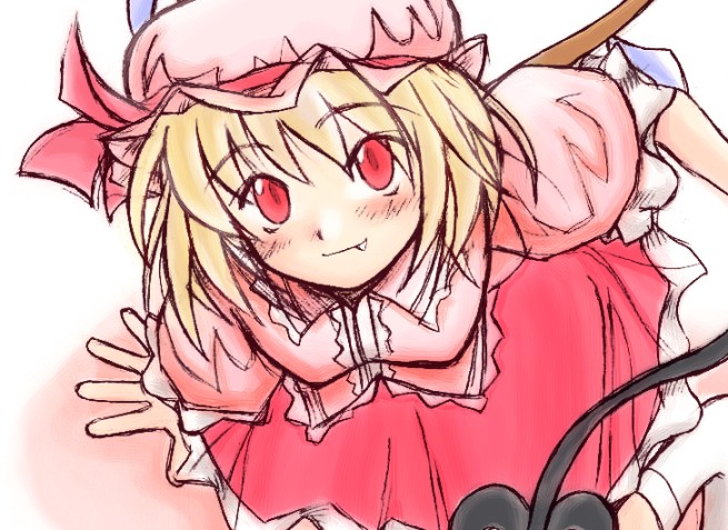 flandre scarlet, touhou, 1girl, crystal wings, fang, fang out, female focus, laevatein, short hair, solo, tail, wings
