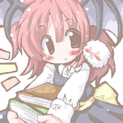 vu (oyavun), kedama (touhou), koakuma, embodiment of scarlet devil, touhou, eyebrows, lowres, 1girl, ^^^, bat wings, blush, book, chibi, chibi only, collar, collared shirt, female focus, hair between eyes, head wings, holding, holding book, long sleeves, o o, oekaki, red hair, sash, shirt, solo, wings