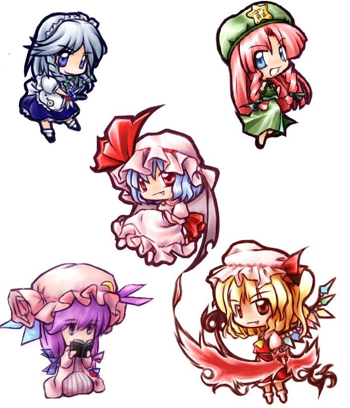 flandre scarlet, hong meiling, izayoi sakuya, patchouli knowledge, remilia scarlet, embodiment of scarlet devil, touhou, silver hair, 5girls, apron, ascot, bat wings, blonde hair, blue eyes, blue hair, book, bow, braid, brooch, chibi, chibi only, china dress, chinese clothes, crescent, dress, fang, female focus, hair bow, hat, hat bow, holding, holding knife, jewelry, knife, laevatein, long hair, long sleeves, maid, maid apron, maid headdress, mob cap, multiple girls, night clothes, one side up, open book, pocket watch, ponytail, puffy short sleeves, puffy sleeves, purple eyes, purple hair, reading, red eyes, red hair, shoes, short hair, short sleeves, siblings, side ponytail, sidelocks, simple background, sisters, smile, socks, star (symbol), twin braids, watch, white background, wings