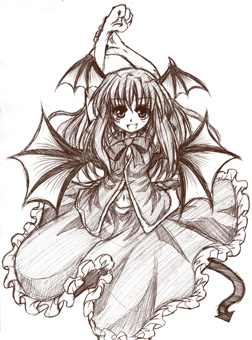 amamizu (myofuu kai), koakuma, embodiment of scarlet devil, touhou, 1girl, bat wings, demon girl, female focus, greyscale, head wings, monochrome, simple background, solo, tail, white background, wings