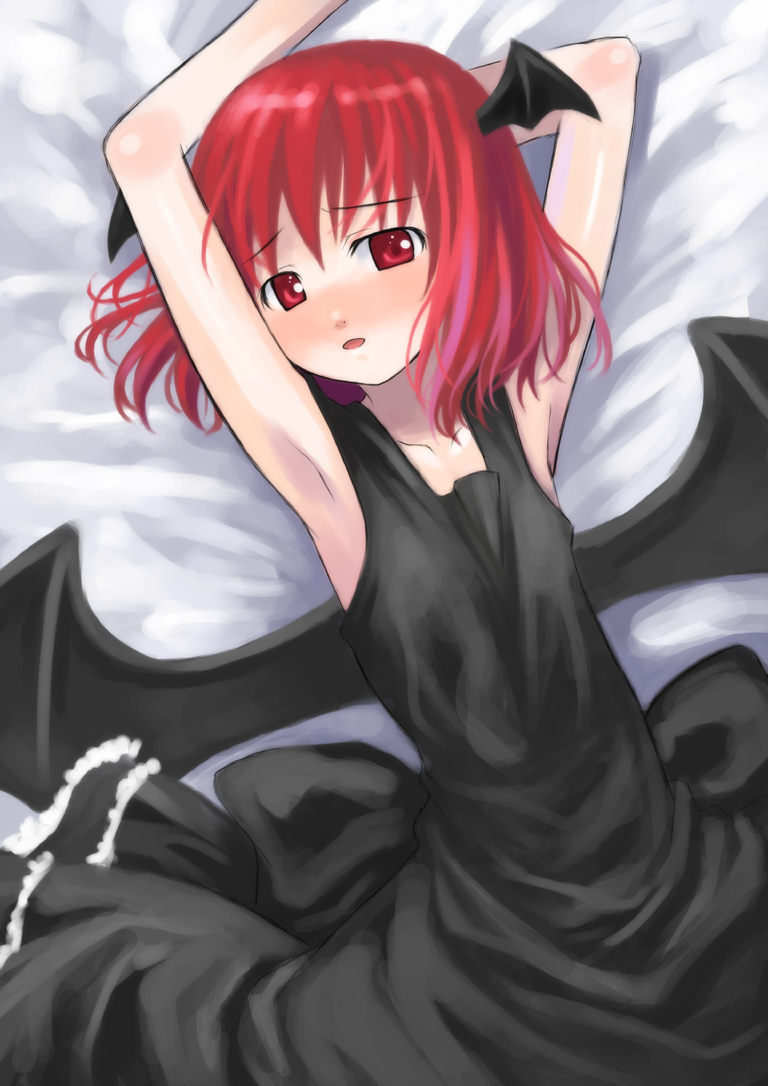 kagura mizuki, koakuma, embodiment of scarlet devil, touhou, 1girl, armpits, arms up, bat wings, black dress, demon girl, dress, female focus, head wings, looking at viewer, lying, on back, red eyes, red hair, solo, wings