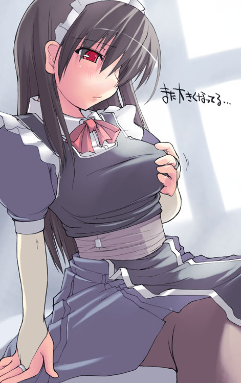 ryo (liver sashi daisuki!), original, 1girl, black hair, black pantyhose, blush, bonnet, breasts, dutch angle, female focus, gloves, grabbing another's breast, grabbing own breast, groping, long hair, maid, maid headdress, pantyhose, red eyes, sitting, solo