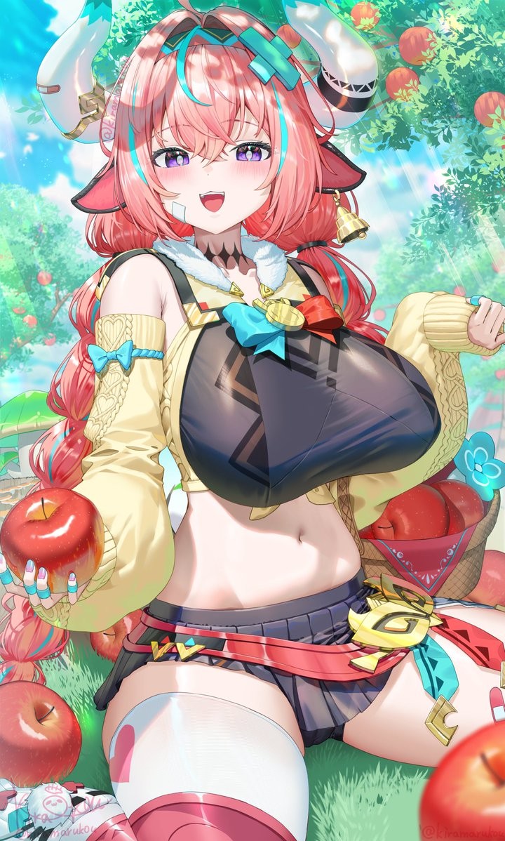 kiramarukou, varesa (genshin impact), genshin impact, highres, 1girl, animal ears, apple, aqua hair, bandaid on horn, bell, bell earrings, black skirt, braid, breasts, cow ears, cow girl, cow horns, cowbell, detached sleeves, ear bell, earrings, food, fruit, hair between eyes, hairband, holding, holding food, holding fruit, horns, jewelry, large breasts, leg warmers, long hair, long sleeves, looking at viewer, low twin braids, multicolored hair, navel, open mouth, outdoors, purple eyes, single thighhigh, sitting, skirt, smile, solo, stomach, streaked hair, teeth, thighhighs, twin braids, upper teeth only, wariza, white leg warmers, white thighhighs, yellow sleeves