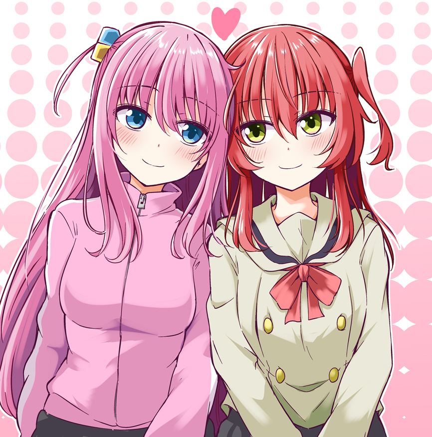ichimi, gotoh hitori, kita ikuyo, bocchi the rock!, 2girls, blue eyes, blush, bow, bowtie, bubble background, cube hair ornament, grey skirt, hair ornament, heads together, heart, jacket, leaning on person, long hair, multiple girls, pink background, pink hair, pink jacket, pink track suit, red bow, red bowtie, red hair, school uniform, shuka high school uniform, side ahoge, side ponytail, skirt, smile, track suit, two-tone background, white background, yellow eyes, yuri