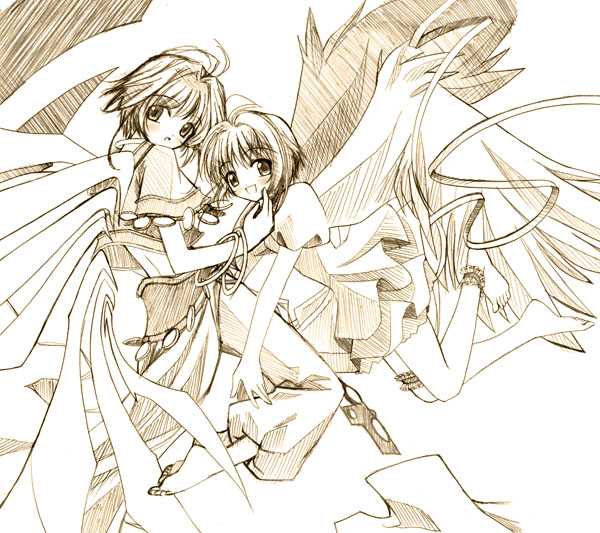 kinomoto sakura, sakura hime, cardcaptor sakura, tsubasa chronicle, 00s, 1990s (style), 2girls, ahoge, crossover, frilled thigh strap, monochrome, multiple girls, retro artstyle, simple background, sketch, thigh strap, white background, wings, yellow theme
