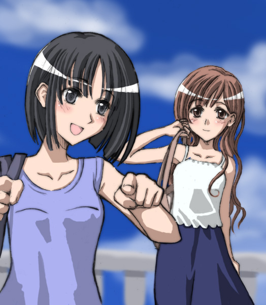 nijou noriko, toudou shimako, maria-sama ga miteru, 00s, 2girls, bag, black eyes, black hair, blush, brown eyes, brown hair, casual, cloud, day, dress, handbag, long hair, multiple girls, pointing, shirt, short hair, skirt, sky, tank top