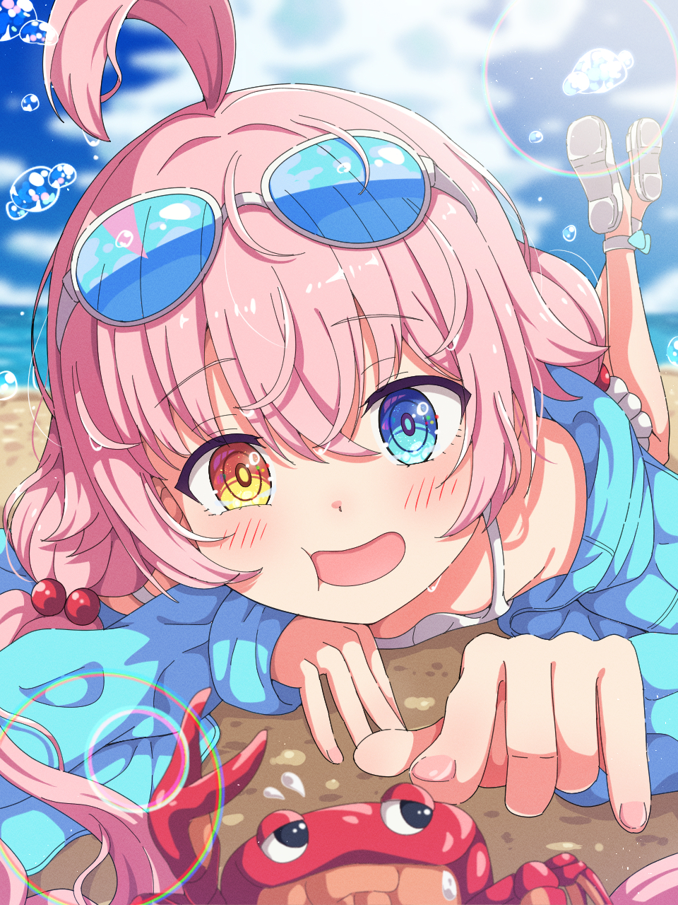 mikoshi (user wvyd4348), hoshino (blue archive), hoshino (swimsuit) (blue archive), blue archive, highres, 1girl, ahoge, beach, blue eyes, eyewear on head, heterochromia, jacket, lying, on stomach, pink hair, swimsuit, yellow eyes