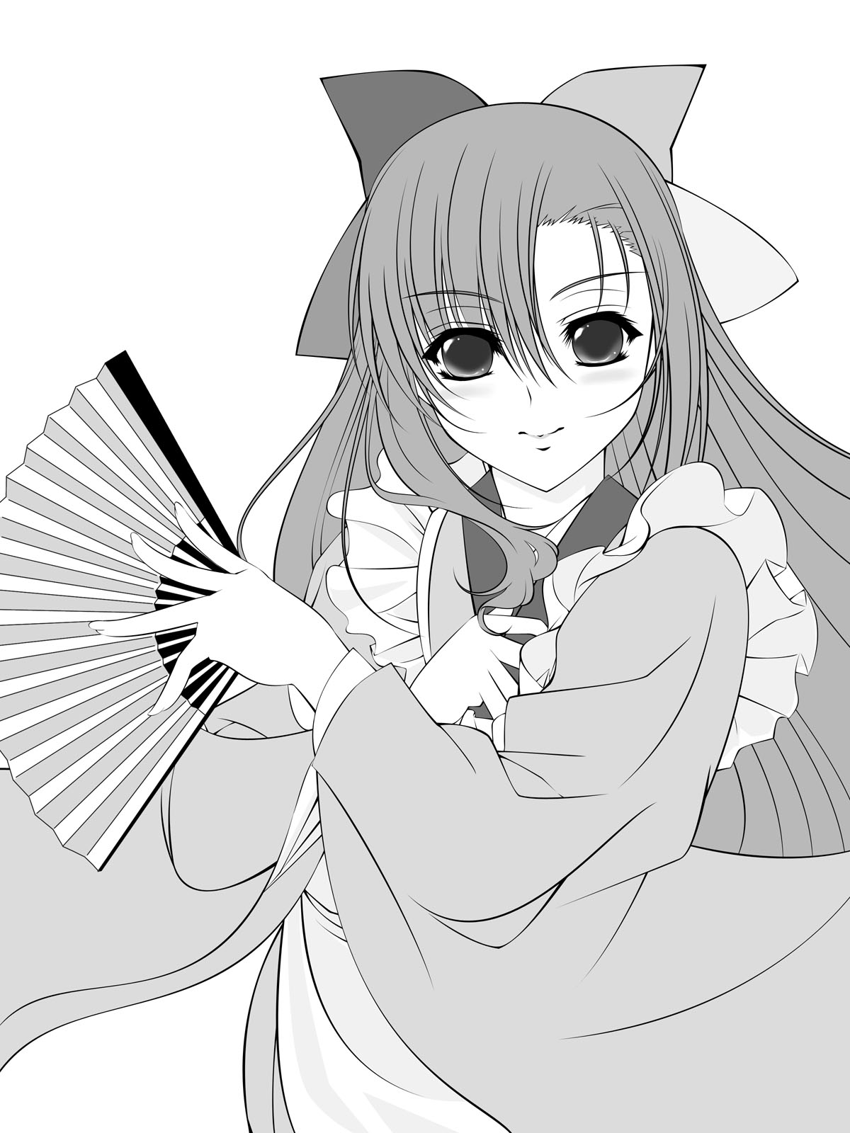 95-tan, os-tan, highres, 1girl, bow, female focus, folding fan, greyscale, hair bow, hand fan, long hair, long sleeves, monochrome, simple background, smile, solo, white background