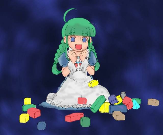 me-tan, os-tan, 1girl, apron, block (object), blue eyes, female focus, full body, green hair, open mouth, shaded face, sitting, solo, twintails