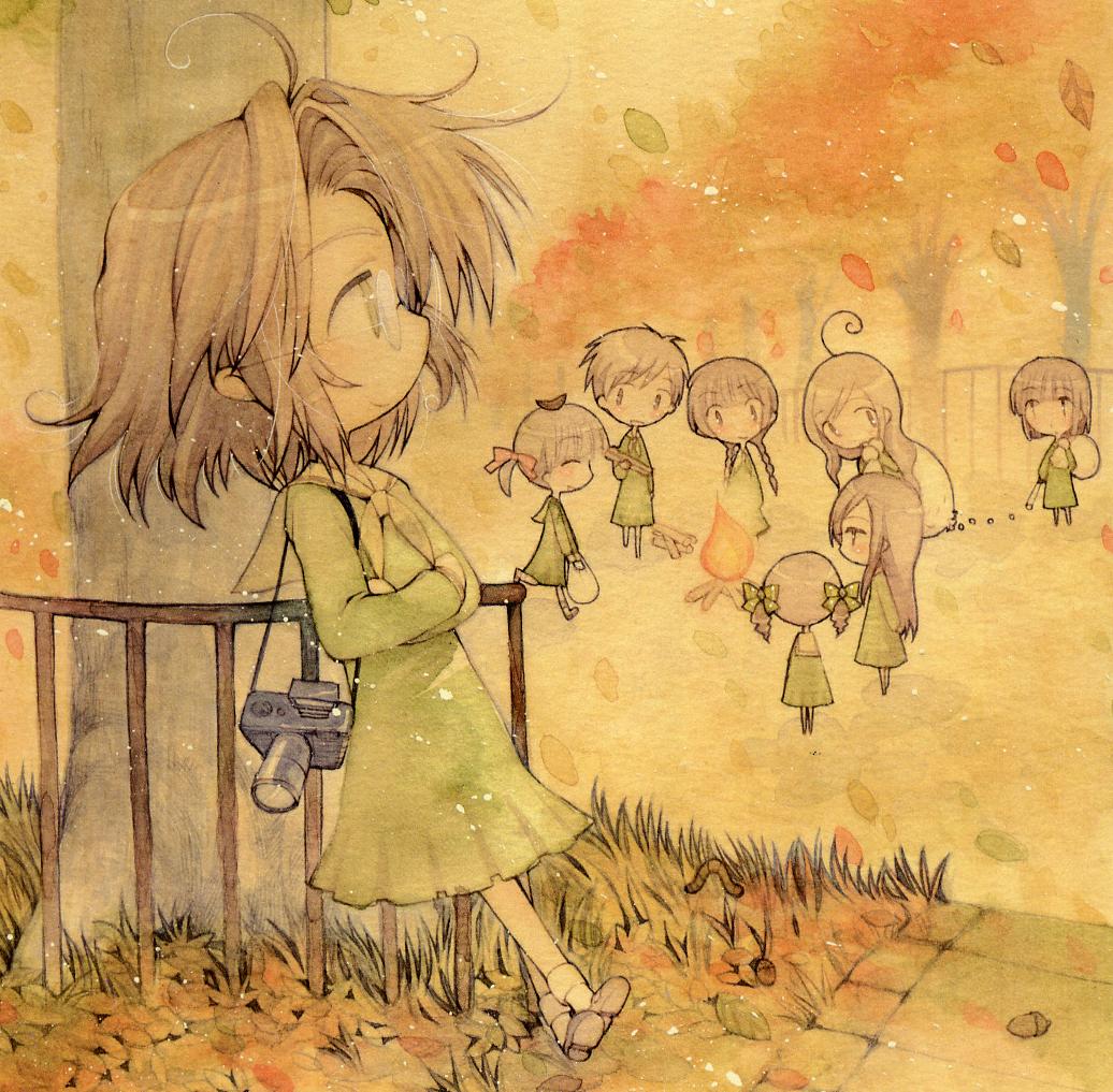 fukuzawa yumi, hasekura rei, matsudaira touko, nijou noriko, ogasawara sachiko, shimazu yoshino, takeshima tsutako, toudou shimako, maria-sama ga miteru, wood, 00s, 6+girls, ahoge, autumn, camera, chibi, chibi only, fire, glasses, leaf, leaf on head, leaning, multiple girls, object on head, sack, school uniform