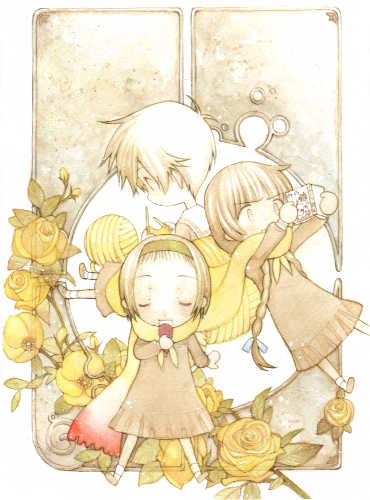 hasekura rei, shimazu yoshino, torii eriko, maria-sama ga miteru, lowres, 00s, 3girls, book, chibi, chibi only, flower, hairband, multiple girls, open book, reading, rose, school uniform, serafuku