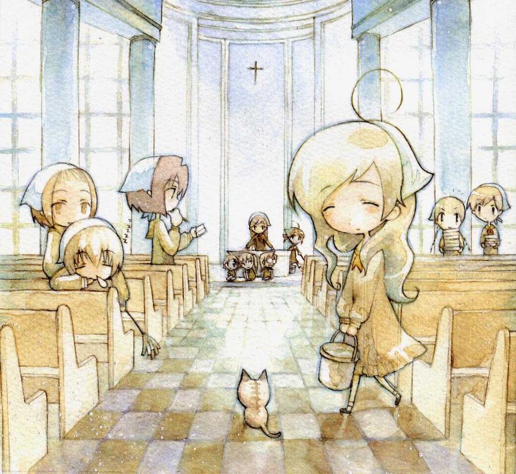 fukuzawa yumi, goronta, hasekura rei, mizuno youko, ogasawara sachiko, satou sei, shimazu yoshino, torii eriko, toudou shimako, maria-sama ga miteru, painting (medium), traditional media, watercolor (medium), 00s, 6+girls, ^^^, ahoge, animal, bench, blonde hair, book, book stack, bucket, carrying, cat, checkered floor, chibi, chibi only, church, cleaning, cross, floor, indoors, latin cross, looking at viewer, mop, multiple girls, notebook, pen, school uniform, serafuku, sleeping, smile, snot, vanishing point, window