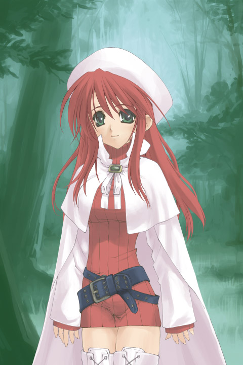 aty, aty (summon night), summon night, summon night 3, 1girl, belt, belt skirt, boots, brooch, cape, female focus, forest, gem, green eyes, hat, jewelry, long hair, looking at viewer, nature, red hair, solo, thigh boots, thighhighs, tree