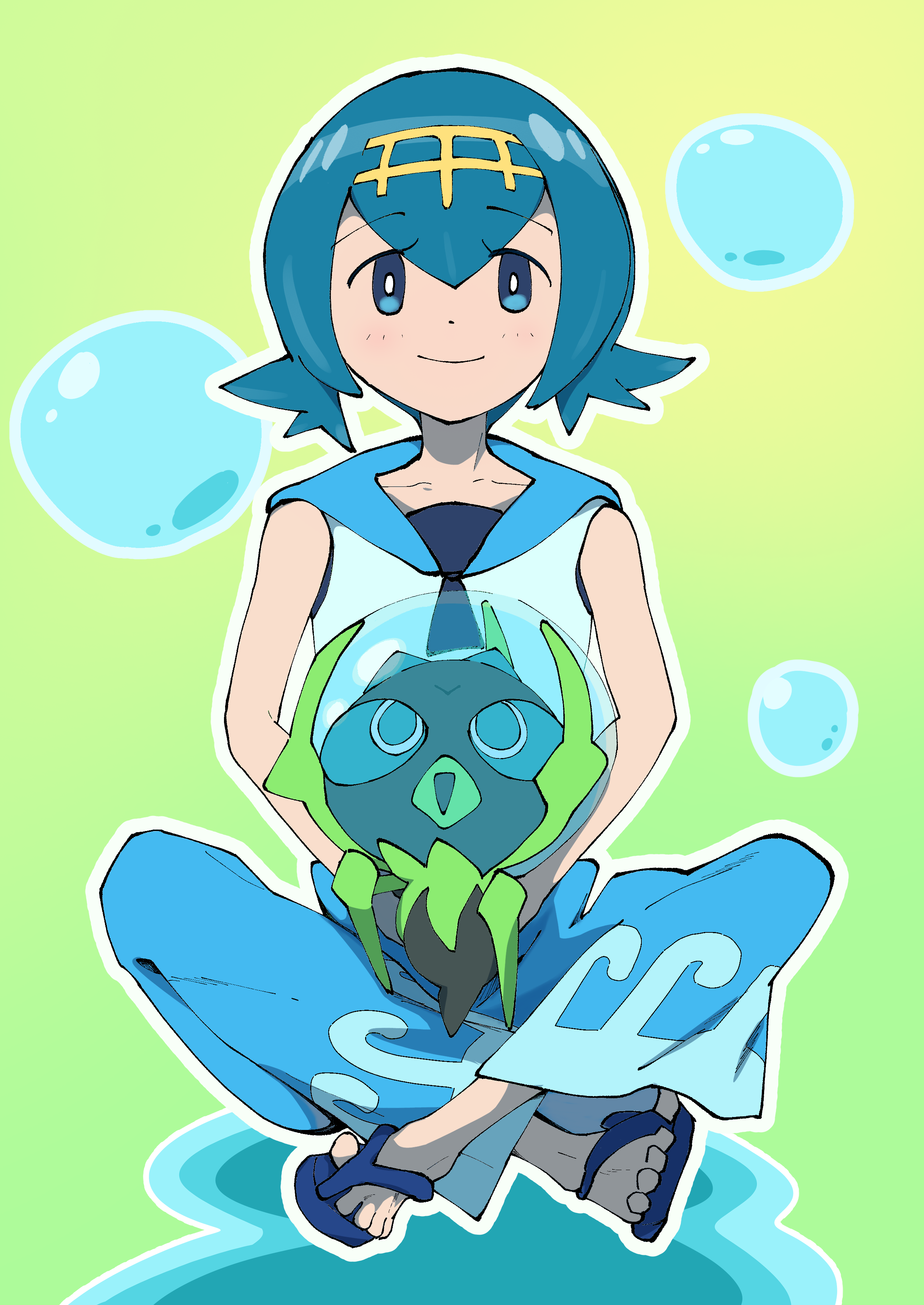 user fsnt5877, dewpider, lana (pokemon), nintendo, pokemon, pokemon (anime), pokemon sm (anime), absurdres, commentary request, highres, 1girl, blue eyes, blue pants, bright pupils, closed mouth, collarbone, gen 7 pokemon, green background, hairband, holding, holding pokemon, looking up, no sclera, outline, pants, pokemon (creature), sandals, shirt, sitting, sleeveless, sleeveless shirt, smile, toes, wave print, white pupils, yellow hairband